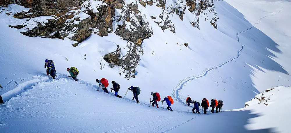 Trekkers climbing toward Rupin Pass